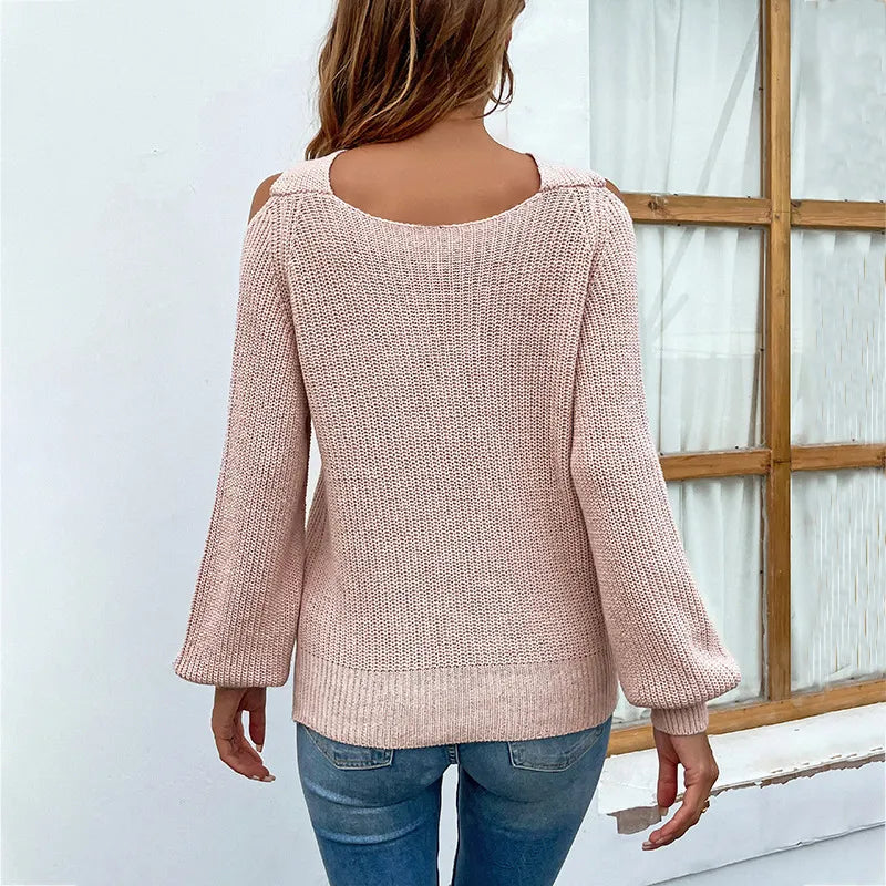Pull-over femme en maille – Épaules dénudées & col croisé