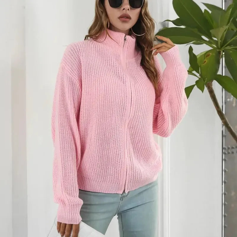Veste tricotée pour femme – Col montant, fermeture éclair et manches bouffantes