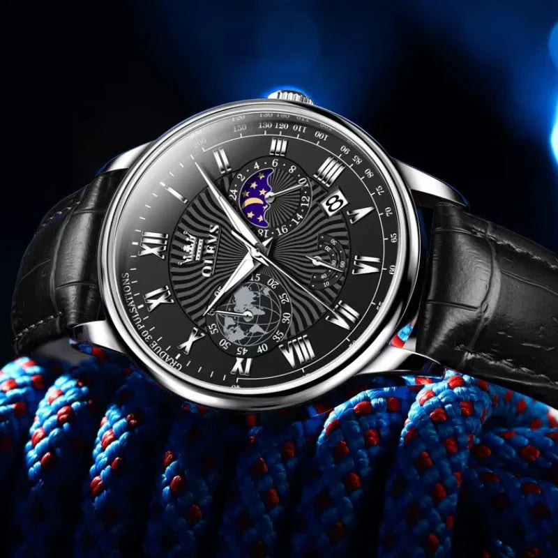 Montre Phase de Lune – Cadran Noir, Élégance Classique