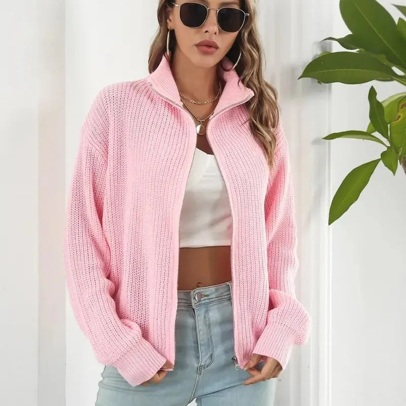 Veste tricotée pour femme – Col montant, fermeture éclair et manches bouffantes