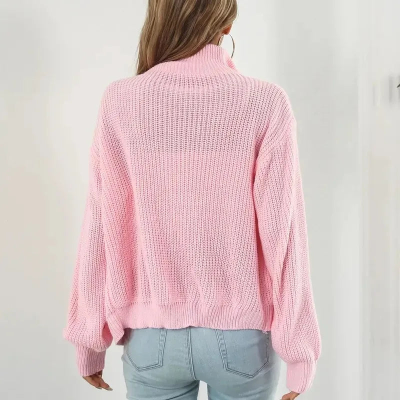 Veste tricotée pour femme – Col montant, fermeture éclair et manches bouffantes